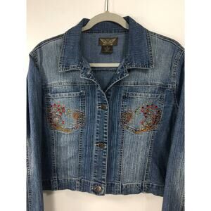 Neeso Denim‎ Jean Jacket Womens 1X Lightweight Cropped Embellished Embroidered
